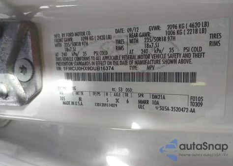 2013 Ford Escape Sel из США, поврежденный, VIN 1FMCU0HX9DUB16374